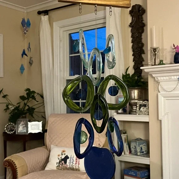 Recycled glass mobile clear, green, turquoise and cobalt 24 inches long - Picture 2 of 2